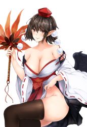 Rule 34 | 1girl, bird wings, black hair, black thighhighs, black wings, breasts, cleavage, closed mouth, derivative work, groin, hand fan, hat, hauchiwa, highres, huge breasts, kourindou tengu costume, leaf print, looking at viewer, no panties, official alternate costume, pointy ears, pom pom (clothes), red eyes, red hat, ribbon-trimmed sleeves, ribbon trim, shameimaru aya, short hair, simple background, smile, solo, thighhighs, tk31, tokin hat, touhou, white background, wings