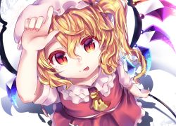 Rule 34 | 1girl, ascot, blonde hair, closed mouth, dated, flandre scarlet, from above, hair between eyes, hand up, holding, laevatein, long hair, looking at viewer, miniskirt, one side up, qu00fanqu012bng lu00e1ng, red eyes, red skirt, short sleeves, skirt, skirt set, slit pupils, smile, solo, tongue, tongue out, touhou, vest, white background, wings, yellow ascot