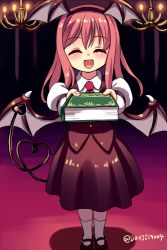 Rule 34 | 1girl, :d, ^ ^, armband, bad id, bad pixiv id, bat wings, black skirt, black vest, blush, book, candlelight, carpet, chandelier, closed eyes, collared shirt, demon tail, eyebrows, giving, gorota, hairband, happy, heart, heart tail, indoors, koakuma, long hair, long sleeves, mary janes, necktie, open mouth, pov, puffy long sleeves, puffy sleeves, red hair, shirt, shoes, skirt, smile, socks, solo, tail, touhou, twitter username, vest, white socks, wings