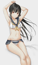 Rule 34 | 10s, 1girl, adapted costume, adjusting hair, aemu (august life), alternate hairstyle, armpits, arms behind head, bare arms, bare legs, bikini, black hair, blunt bangs, breasts, cleavage, collarbone, front-tie top, groin, isokaze (kancolle), jitome, kantai collection, long hair, looking at viewer, medium breasts, navel, red eyes, shiny skin, showgirl skirt, sideboob, sitting, skindentation, solo, stomach, swimsuit, thighs, white bikini