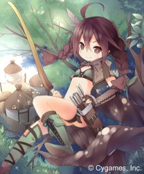 Rule 34 | &gt;:), 10s, 1girl, bow (weapon), braid, brown eyes, brown hair, fang, fang out, flat chest, highres, looking at viewer, official art, saru, shingeki no bahamut, smile, solo, trainee amazoness, twin braids, v-shaped eyebrows, weapon