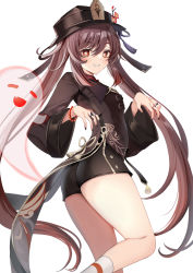 Rule 34 | 1girl, ass, black coat, black hat, black shorts, blush, breasts, brown hair, coat, coattails, flower, genshin impact, ghost, grin, harimoji, hat, hat flower, highres, hu tao (genshin impact), long hair, long sleeves, looking at viewer, plum blossoms, red eyes, shorts, simple background, small breasts, smile, solo, symbol-shaped pupils, thighs, twintails, very long hair, white background