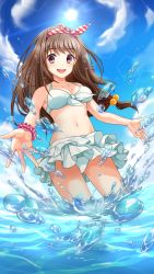 Rule 34 | 1girl, :d, bikini, bikini skirt, blue sky, bow, bow hairband, bracelet, breasts, brown hair, cleavage, cloud, collarbone, day, doukyuusei another world, floating hair, front-tie bikini top, front-tie top, game cg, hair bobbles, hair bow, hair ornament, hairband, highres, jewelry, kakyuusei, layered skirt, long hair, looking at viewer, low-tied long hair, medium breasts, navel, ocean, official art, open mouth, outdoors, red eyes, skirt, sky, smile, striped bow, striped clothes, striped hairband, sun, swimsuit, very long hair, wading, white bikini, white skirt, yuuki mizuho