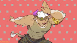 Rule 34 | 1boy, abs, animal ears, armband, bara, camouflage, camouflage pants, closed eyes, commentary request, cow boy, cow ears, cow horns, cow tail, easy breezy, eizouken ni wa te wo dasu na!, feet out of frame, furry, furry male, green tank top, headband, horns, madwakx, male focus, muscular, muscular male, pants, pectorals, purple horns, shennong (housamo), tail, tank top, tokyo houkago summoners, twitter username, white hair, yellow armband