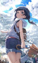 Rule 34 | 1girl, after rain, amano hina (tenki no ko), ass, backpack, bag, black hair, black shorts, blue eyes, blush, boots, closed mouth, closed umbrella, cloud, cloudy sky, day, from behind, highres, holding, holding umbrella, hood, hood down, hooded vest, hoodie, huwari (dnwls3010), leg up, long hair, looking at viewer, looking back, low twintails, outdoors, rubber boots, short shorts, shorts, sky, sleeveless, smile, solo, standing, standing on one leg, tenki no ko, teruterubouzu, twintails, umbrella, vest, water, white footwear, white vest