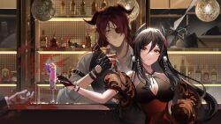 Rule 34 | 1boy, 1girl, 1other, absurdres, alcohol, ambiguous gender, arknights, bar (place), black dress, black gloves, black hair, black vest, blood, blue nails, blush, bottle, breasts, chinese commentary, cleavage, closed mouth, commentary, cross-shaped pupils, cup, demon horns, dress, drinking glass, earrings, expressionless, eyepatch, fingerless gloves, fingernails, food, fruit, gloves, goat horns, hair between eyes, highres, hoederer (arknights), horns, indoors, ines (arknights), jewelry, juechen syl, large breasts, lips, long hair, looking at viewer, medium hair, nail polish, off-shoulder dress, off shoulder, orange (fruit), orange slice, pointy ears, red dress, red hair, shelf, shirt, symbol-shaped pupils, two-tone dress, vest, white shirt, yellow eyes