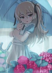 Rule 34 | 1girl, apron, artist name, black ribbon, blue dress, blue umbrella, brown eyes, collared dress, commentary request, dress, flower, from side, girls und panzer, hair ribbon, half-closed eyes, highres, holding, holding umbrella, hydrangea, kuroneko douji, leaf, light brown hair, light frown, long hair, looking at viewer, maid apron, medium dress, neck ribbon, one side up, open mouth, partial commentary, puffy short sleeves, puffy sleeves, rain, red flower, ribbon, shimada arisu, short sleeves, signature, solo, standing, umbrella, white apron