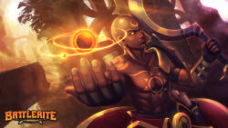 Rule 34 | abs, absurdres, bald, battlerite, black gloves, bracer, chest tattoo, commentary, copyright name, crescent tattoo, dark-skinned male, dark skin, day, dutch angle, earrings, english commentary, fingerless gloves, gloves, glowing, glowing eyes, highres, holding, holding staff, jewelry, magic, making-of available, male focus, outdoors, outstretched hand, qassamzed, scroll, sirius (battlerite), staff, tattoo, toned, toned male, yellow eyes