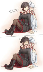 Rule 34 | 2girls, back-to-back, black hair, blue eyes, blush, boots, cape, couple, dress, frills, hood, hooded cape, multiple girls, ponytail, ruby rose, rwby, scarf, shared clothes, shared scarf, shy, smile, weiss schnee, white hair, xenon54165, yuri