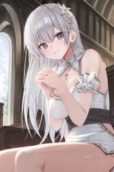 Rule 34 | 1girl, absurdres, bare shoulders, blue eyes, blush, breasts, cleavage, cleavage cutout, closed mouth, clothing cutout, commentary request, cross, cross necklace, dress, flower, gnns, grey hair, hair flower, hair ornament, highres, indoors, interlocked fingers, jewelry, korean commentary, large breasts, long hair, looking at viewer, necklace, original, own hands clasped, own hands together, praying, sitting, smile, solo, white dress