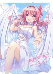 Rule 34 | 1girl, :d, absurdres, antenna hair, bare arms, border, bow, breasts, chaos;head, choker, cleavage, collarbone, dated, dress shirt, feathered wings, floating hair, hair between eyes, hair bow, hair intakes, happy birthday, highres, long hair, looking at viewer, medium breasts, medium skirt, nishijou myu, open mouth, pink bow, pink hair, reaching, reaching towards viewer, red eyes, ribbon, ribbon choker, sakihata rimi, shirt, skirt, sleeveless, sleeveless shirt, smile, solo, white border, white ribbon, white shirt, white skirt, white wings, wings