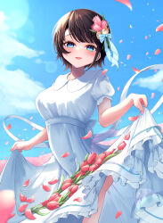 1girl absurdres blue_eyes blue_sky blush breasts brown_hair clothes_lift cloud dress dress_lift field flower flower_field hair_flower hair_ornament highres hololive looking_at_viewer medium_breasts oozora_subaru open_mouth petals shirai_soushichi short_hair sky smile solo virtual_youtuber white_dress