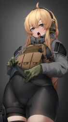 Rule 34 | 1girl, absurdres, ahoge, bike shorts, black shorts, blonde hair, blue eyes, blush, braid, braided ponytail, commentary, cowboy shot, english commentary, gloves, green gloves, grey jacket, hair between eyes, headphones, headset, highres, indie virtual youtuber, jacket, leg holster, load bearing vest, long sleeves, looking at viewer, nine (kanine41), open mouth, bulletproof vest, saliva, shorts, sidelocks, solo, suggestive fluid, sweatdrop, thighs, tongue, tongue out, virtual youtuber, whiskey project
