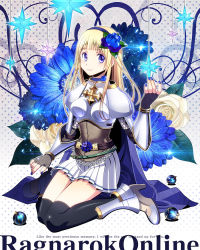 Rule 34 | 1girl, arm guards, armor, belt, black belt, black gloves, black thighhighs, blonde hair, blue cape, blue flower, blue hairband, blue nails, blunt bangs, boobplate, breastplate, cape, chainmail, closed mouth, commentary request, copyright name, english text, eyes visible through hair, fingerless gloves, flower, full body, gloves, hair between eyes, hair flower, hair ornament, hairband, looking at viewer, nail polish, nip sakazuki, ornament, paladin (ragnarok online), pauldrons, pleated skirt, polka dot, polka dot background, purple eyes, ragnarok online, shoulder armor, sitting, skirt, smile, solo, thighhighs, white flower, white skirt