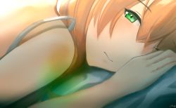 Rule 34 | 1girl, alternate costume, alternate hairstyle, blush, brown hair, chyt, closed mouth, crossed bangs, girls&#039; frontline, green eyes, hair between eyes, half-closed eye, head on pillow, highres, long hair, looking at viewer, lying, on stomach, one eye closed, pillow, signature, singlet, solo, springfield (girls&#039; frontline), tareme, white singlet