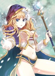 Rule 34 | 1girl, bad id, bad pixiv id, blonde hair, blue eyes, breasts, cleavage, hood, jaina proudmoore, long hair, looking at viewer, midriff, multicolored hair, navel, silver hair, solo, staff, sung-kyung, two-tone hair, warcraft, world of warcraft