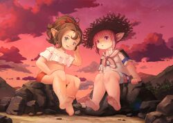 Rule 34 | 2girls, bikini, bow, brown hair, crop top, crop top overhang, evening, feet, final fantasy, final fantasy xiv, hair bow, hat, highres, krile mayer baldesion (ff14), lalafell, looking at viewer, multiple girls, pointy ears, ponytail, sailor collar, sitting, smile, straw hat, swimsuit, tataru taru, tenescross, toes, wet