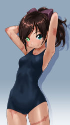 Rule 34 | 1girl, armpits, arms behind head, arms up, bare shoulders, blue background, blue one-piece swimsuit, blue school swimsuit, bow, breasts, brown bow, brown hair, burn scar, cameltoe, closed mouth, collarbone, commentary request, covered erect nipples, covered navel, cowboy shot, dot nose, facial scar, gluteal fold, gradient background, green eyes, hair bow, heterochromia, high ponytail, looking at viewer, one-piece swimsuit, original, ponytail, rohitsuka, scar, scar across eye, scar on arm, scar on cheek, scar on face, scar on leg, scar on neck, scar on thigh, school swimsuit, simple background, small breasts, smile, solo, swimsuit, white background