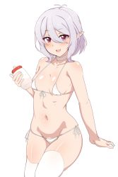 Rule 34 | 1girl, antenna hair, baby bottle, bikini, blush, bottle, breasts, choker, elf, front-tie bikini top, front-tie top, hair between eyes, highres, kokkoro (princess connect!), looking at viewer, micro bikini, navel, open mouth, pointy ears, princess connect!, red eyes, seihekiog, short hair, side-tie bikini bottom, silver hair, simple background, small breasts, smile, solo, swimsuit, thighhighs, white background, white bikini, white thighhighs