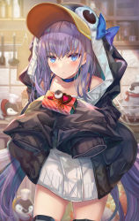 Rule 34 | 1girl, animal hood, bird, black jacket, blue bow, blue choker, blue eyes, blush, bow, breasts, chocolate, choker, fate/grand order, fate (series), highres, hood, hood up, jacket, long hair, long sleeves, looking at viewer, meltryllis, meltryllis (fate), meltryllis (swimsuit lancer) (fate), meltryllis (swimsuit lancer) (first ascension) (fate), penguin, penguin hood, purple hair, sleeves past fingers, sleeves past wrists, small breasts, solo, thighs, torino aqua, very long hair, whisk