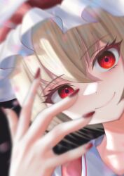 Rule 34 | 1girl, blonde hair, blurry, closed mouth, commentary, depth of field, flandre scarlet, hat, looking at viewer, red eyes, red nails, smile, solo, tofuandsoup, touhou, upper body, white hat