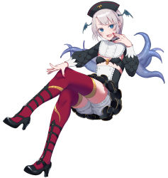 Rule 34 | 1girl, black footwear, black hat, black skirt, blue eyes, breast cutout, breasts, breasts out, colored eyelashes, commentary request, crossed legs, full body, hat, head wings, high-waist skirt, high heels, highres, indie virtual youtuber, long sleeves, medium breasts, official alternate costume, official art, open mouth, pochi (pochi-goya), pochimaru (vtuber), pochimaru (vtuber) (3rd costume), red thighhighs, salute, sharp teeth, silver hair, simple background, skirt, solo, teeth, tentacles, thighhighs, virtual youtuber, vulcan salute, white background, wings