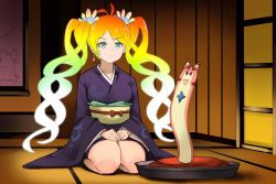Rule 34 | 1girl, alternate hair color, antenna hair, breasts, closed mouth, de la fille, earrings, gaming penis ikebana (meme), gradient hair, granblue fantasy, green eyes, hair ornament, indoors, japanese clothes, jewelry, kimono, long sleeves, meme, multicolored hair, obi, orange hair, own hands together, purple kimono, sash, seiza, sitting, small breasts, solo, tatami, twintails, usugiri bacon, v-shaped eyebrows, vyrn (granblue fantasy), wide sleeves