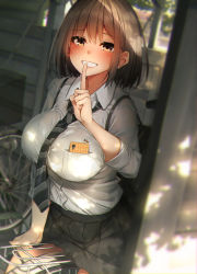 Rule 34 | 1girl, bicycle, black necktie, black skirt, blurry, blush, breast pocket, breasts, brown eyes, brown hair, buttons, cellphone, collared shirt, dark, depth of field, finger to mouth, grin, highres, large breasts, looking at viewer, necktie, original, outdoors, parted lips, phone, pleated skirt, pocket, rerrere, school uniform, shirt, shirt tucked in, short hair, skirt, sleeves rolled up, smartphone, smile, solo, straddling, striped necktie, striped neckwear, white shirt