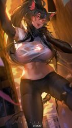 Rule 34 | 1girl, animal ears, black gloves, black hair, black leggings, black scarf, black shorts, character request, city, commission, crop top, elbow gloves, evening, gloves, hair between eyes, highres, leggings, long hair, looking at viewer, midriff, navel, open mouth, original, ponytail, raion (soraelf), red eyes, scarf, selfie, shirt, short sleeves, shorts, sidelocks, solo, stomach, teeth, tongue, tongue out, upper teeth only, very long hair, white shirt