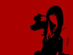 Rule 34 | 1girl, alrequin, female focus, ipod ad, j-rock, long hair, monochrome, multicolored hair, musician, nail polish, red background, silhouette, simple background, solo, straight hair, tattoo, two-tone hair, yousei teikoku, yui (yousei teikoku)