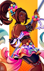 Rule 34 | 1girl, absurdres, alina l, bare shoulders, beads, bike shorts, breasts, brown hair, dark-skinned female, dark skin, dress, fire emblem, fire emblem engage, frilled dress, frills, hair beads, hair ornament, highres, holding, holding weapon, jewelry, long hair, medium breasts, nintendo, polearm, ponytail, skirt, smile, solo, star-shaped pupils, star (symbol), symbol-shaped pupils, timerra (fire emblem), very dark skin, weapon