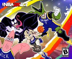 Rule 34 | 4boys, absurdres, alternate costume, arion miitoons rashad, ball, basketball, basketball (object), basketball uniform, blonde hair, blue eyes, blue headband, bridget (guilty gear), brown gloves, brown horns, cell (dragon ball), clenched hand, commentary, commentary request, content rating, crossover, dragon ball, dragonball z, english commentary, esrb, fingerless gloves, full body, gloves, grin, guilty gear, guilty gear strive, headband, highres, holding, holding ball, horns, i got a glock in my &#039;rari (meme), looking at viewer, male focus, marvel, meme, multiple boys, multiple crossover, national basketball association, one eye closed, open mouth, orlando magic, outline, patrick star, perfect cell, running, sharp teeth, short hair, smile, spider-man (series), spongebob squarepants (series), sportswear, symbiote, teeth, tongue, tongue out, trap, venom (marvel), white outline