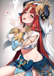 Rule 34 | 1girl, absurdres, armlet, blue skirt, blush, bracer, breasts, brooch, cum, cum in mouth, cum on hands, cupping hands, genshin impact, green eyes, hair ornament, harem outfit, highres, horns, jewelry, large breasts, long hair, long sleeves, looking at viewer, neck ring, nilou (genshin impact), open mouth, own hands together, puffy long sleeves, puffy sleeves, red hair, sash, sidelocks, skirt, suggestive fluid, thighs, togo (korlsj1235), tongue, tongue out, veil