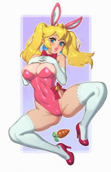 Rule 34 | 1girl, absurdres, alternate hairstyle, animal ears, ass, bare shoulders, blonde hair, blue eyes, blush, breasts, cleavage, crown, detached collar, earrings, elbow gloves, fake animal ears, gloves, highres, jewelry, large breasts, leotard, lipstick, long hair, looking at viewer, makeup, mario (series), nintendo, open mouth, pink lips, playboy bunny, ponytail, princess peach, rabbit ears, riz, short twintails, solo, strapless, strapless leotard, super mario bros. 1, thick lips, thick thighs, thighhighs, thighs, twintails, wrist cuffs