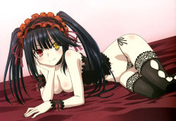 Rule 34 | 10s, 1girl, absurdres, black hair, black panties, black thighhighs, body blush, corset, date a live, hairband, heterochromia, highres, lace, lace-trimmed legwear, lace trim, lingerie, lolita hairband, long hair, lying, nyantype, official art, on side, panties, red eyes, scan, side-tie panties, smile, solo, string panties, thighhighs, tokisaki kurumi, topless, twintails, underwear, underwear only, wrist cuffs, yellow eyes