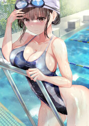 Rule 34 | 1girl, :o, absurdres, black one-piece swimsuit, blush, breasts, brown eyes, brown hair, cleavage, closed mouth, commentary request, competition swimsuit, goggles, goggles on head, highres, large breasts, looking at viewer, mole, mole under eye, ogata tei, one-piece swimsuit, original, outdoors, pool, sideboob, solo, swim cap, swimsuit, thighs, wet