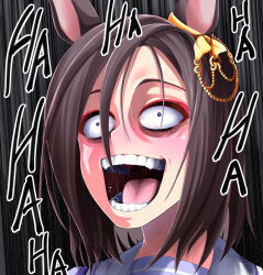 Rule 34 | 1girl, air groove (umamusume), bags under eyes, bloodshot eyes, bow, brown hair, commentary request, constricted pupils, death note, ear bow, ear chain, grey background, hair between eyes, highres, horse girl, laughing, long bangs, munyura, open mouth, portrait, purple eyes, school uniform, short hair, smile, solo, teeth, tongue, tracen school uniform, umamusume, yellow bow