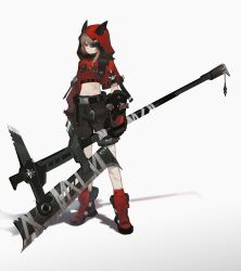 Rule 34 | 1girl, absurdres, asymmetrical sleeves, axe, bandages, boots, brown hair, eyepatch, gloves, halberd, highres, holding, holding polearm, holding weapon, navel, nilzynox, original, polearm, red eyes, red footwear, red hood, scar, scar on arm, scar on leg, scar on stomach, solo, weapon, white background