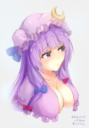 Rule 34 | 1girl, blue bow, blunt bangs, bow, breasts, capelet, cleavage, crescent, crescent pin, hair bow, hat, large breasts, long hair, looking away, mob cap, patchouli knowledge, purple capelet, purple eyes, purple hair, purple hat, red bow, s.claw, sidelocks, simple background, solo, touhou, upper body