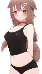 Rule 34 | 1girl, absurdres, alternate costume, animal ears, arms behind back, black panties, black shirt, black tank top, blush, bone hair ornament, breasts, cleavage, closed mouth, collar, commentary, cowboy shot, dog ears, dog girl, dog tail, expressionless, hair ornament, heart, heart in eye, highres, hololive, inugami korone, ira n, listener (inugami korone), long hair, looking at viewer, medium breasts, midriff, navel, panties, red collar, red eyes, shirt, simple background, sleeveless, slit pupils, solo, standing, symbol in eye, tail, tank top, taut clothes, taut shirt, underwear, virtual youtuber, white background