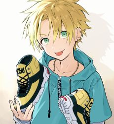 Rule 34 | 1boy, blonde hair, ear piercing, green eyes, highres, holding, holding shoes, jewelry, long sleeves, looking at viewer, male focus, necklace, original, piercing, pillow (nutsfool), shoes, simple background, sneakers, solo, spiked hair, tongue, tongue out, upper body