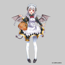 Rule 34 | :d, bag, black footwear, bow, braid, brown bag, company name, demon tail, dmm, frills, full body, handbag, horns, key, keyring, long hair, long sleeves, looking at viewer, maid headdress, official art, okiru, open mouth, pantyhose, puffy long sleeves, puffy sleeves, rebless, red bow, red eyes, shoes, smile, solo, standing, tail, twin braids, twintails, white hair, white pantyhose