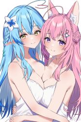 2girls ahoge animal_ear_fluff animal_ears bare_shoulders blue_hair braid braided_bun breast_press breasts cleavage crown_braid dress elf flower hair_between_eyes hair_bun hair_flower hair_ornament hakui_koyori heart heart_ahoge hexagon_hair_ornament highres hololive huge_ahoge large_breasts long_hair looking_at_viewer medium_breasts multiple_girls pink-hairsmile pink_hair pointy_ears purple_eyes simple_background sleeveless sleeveless_dress symmetrical_docking virtual_youtuber white_background white_dress wolf_ears wolf_girl yellow_eyes you06 yukihana_lamy yuri