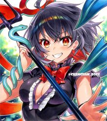 1girl ahoge black_hair black_shirt blush breasts chacham cleavage holding_polearm houjuu_nue looking_at_viewer medium_breasts multicolored_hair parted_lips polearm red_eyes red_hair shirt short_hair smile snake solo teeth touhou trident two-tone_hair upper_body weapon