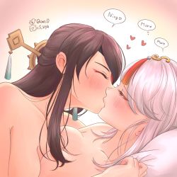 Rule 34 | 2girls, asymmetrical docking, beidou (genshin impact), breast press, breasts, brown hair, eyelashes, closed eyes, from side, genshin impact, girl on top, half-closed eyes, highres, instagram username, kiss, lying, medium breasts, multiple girls, ningguang (genshin impact), on back, pillow, pillow grab, qoxo 0, speech bubble, thought bubble, topless, twitter username, white hair, yuri