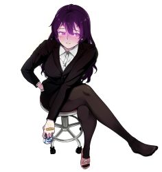 Rule 34 | ahoge, bandaid, beifeng han, black jacket, black pantyhose, blush, breasts, chinese commentary, crossed legs, full body, hand in pocket, highres, jacket, large breasts, long hair, looking to the side, miyaura sanshio, no shoes, office lady, original, pantyhose, pencil skirt, purple eyes, purple hair, shirt, simple background, skirt, solo, swivel chair, white background, white shirt