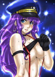 Rule 34 | 00s, 1girl, armband, bandeau, blue eyes, blush, breasts, breasts squeezed together, choker, clothes lift, earrings, gloves, hat, jewelry, large breasts, lipstick, long hair, macross, macross frontier, makeup, marui, nipple slip, nipples, peaked cap, purple hair, sheryl nome, shirt lift, smile, solo, strapless, suspenders, sweat, tube top, tube top lift