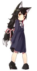 Rule 34 | 1girl, aged down, animal ears, black dress, black hair, dress, expressionless, full body, highres, hololive, long hair, long sleeves, looking back, multicolored hair, nuko miruku, ookami mio, orange eyes, paw shoes, red hair, revision, rope, sailor dress, shoes, simple background, streaked hair, tail, virtual youtuber, white background, white hair, wolf ears, wolf tail