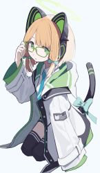 Rule 34 | 1girl, adjusting eyewear, animal ear headphones, animal ears, blonde hair, blue archive, blue necktie, bow, cat ear headphones, cat tail, closed mouth, collared shirt, commentary request, fake animal ears, feet out of frame, glasses, green eyes, hair bow, halo, headphones, highres, hood, hooded jacket, jacket, looking at viewer, looking to the side, midori (blue archive), multicolored clothes, multicolored jacket, necktie, open clothes, open jacket, papaia (quentingqoo), parted bangs, shirt, simple background, solo, tail, thighhighs, wide sleeves