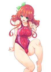 Rule 34 | 1girl, barefoot, blush, breasts, competition swimsuit, covered erect nipples, green eyes, hair ribbon, highres, kiyama satoshi, large breasts, long hair, looking at viewer, one-piece swimsuit, open mouth, original, red hair, ribbon, simple background, sitting, smile, solo, swimsuit, white background